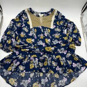 Umgee Navy/Gold Floral Boho High Low Tunic Dress, Size Medium